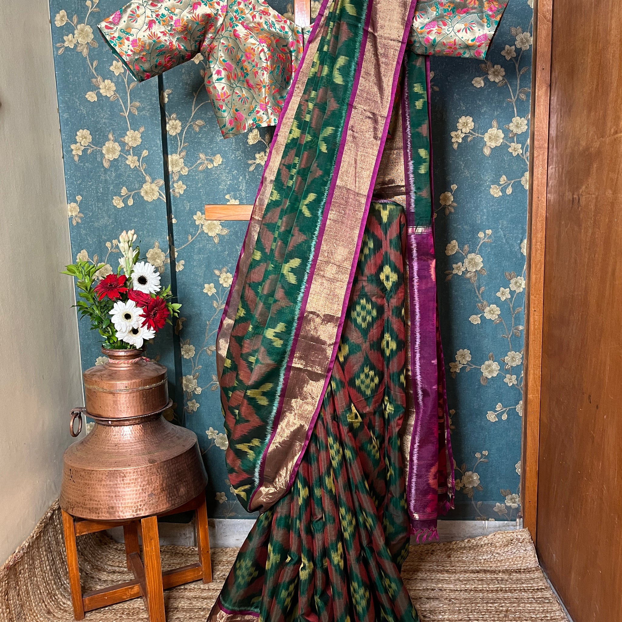"Navrang Patola"- Handloom Cotton Silk Saree Magenta Green
