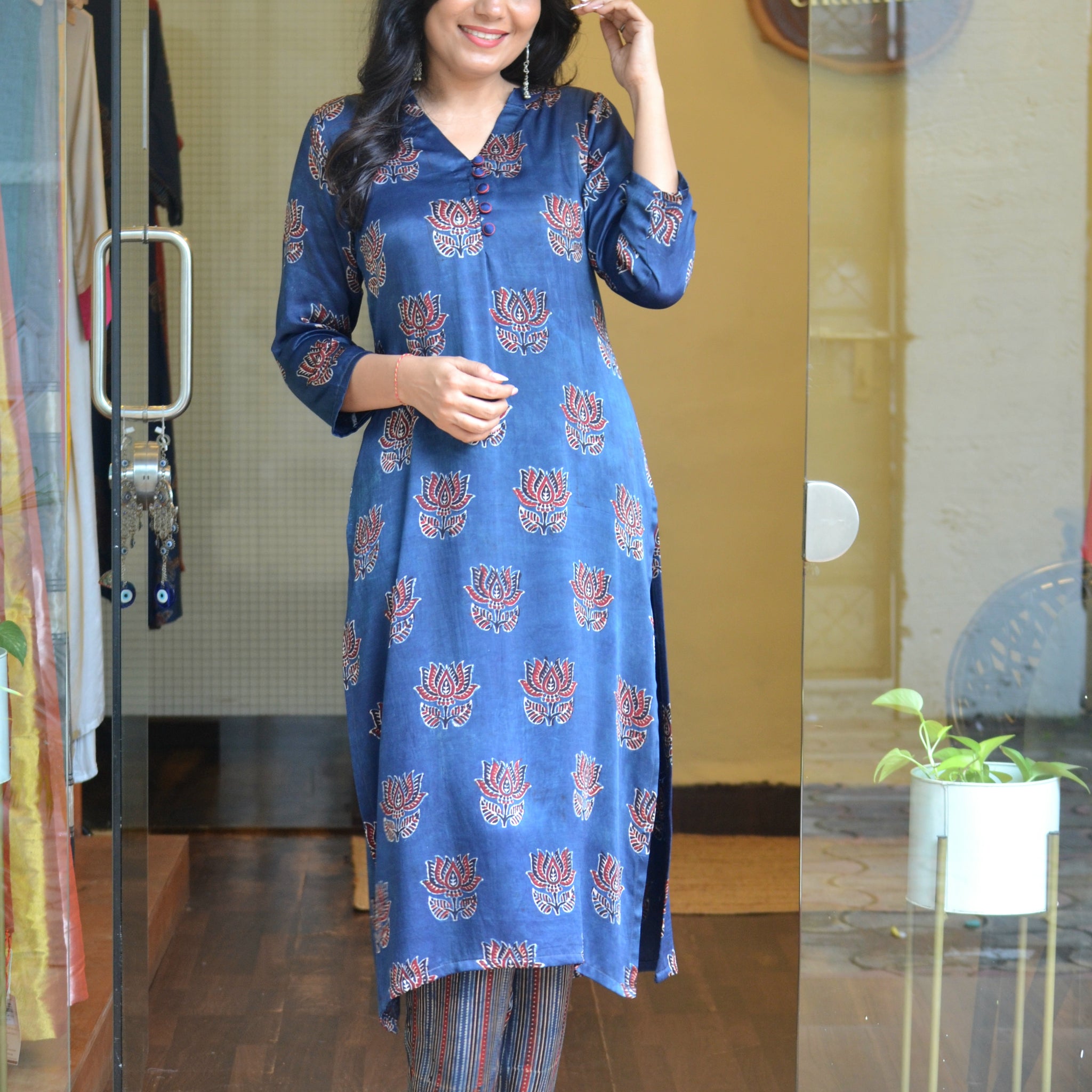 Meher-Modal Silk Lotus Kurti Indigo