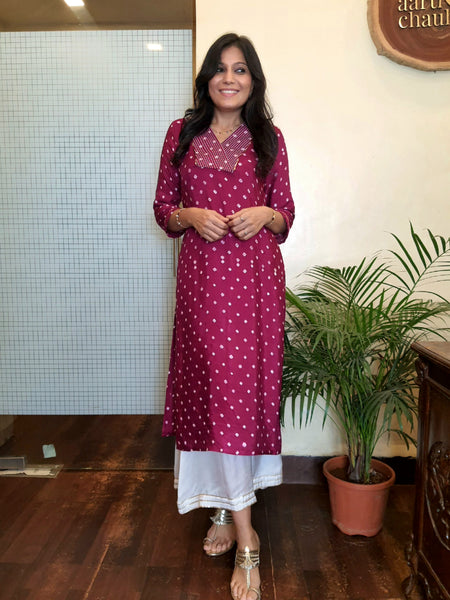 Rangrez- Modal Silk Bandhani Kurti Wine