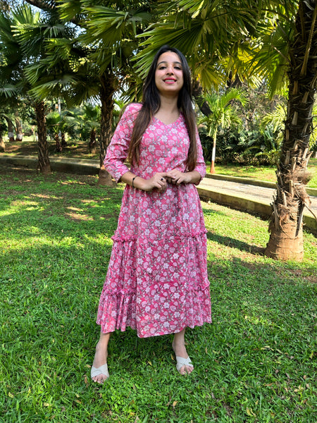 Block Printed Flared Dress-Pink