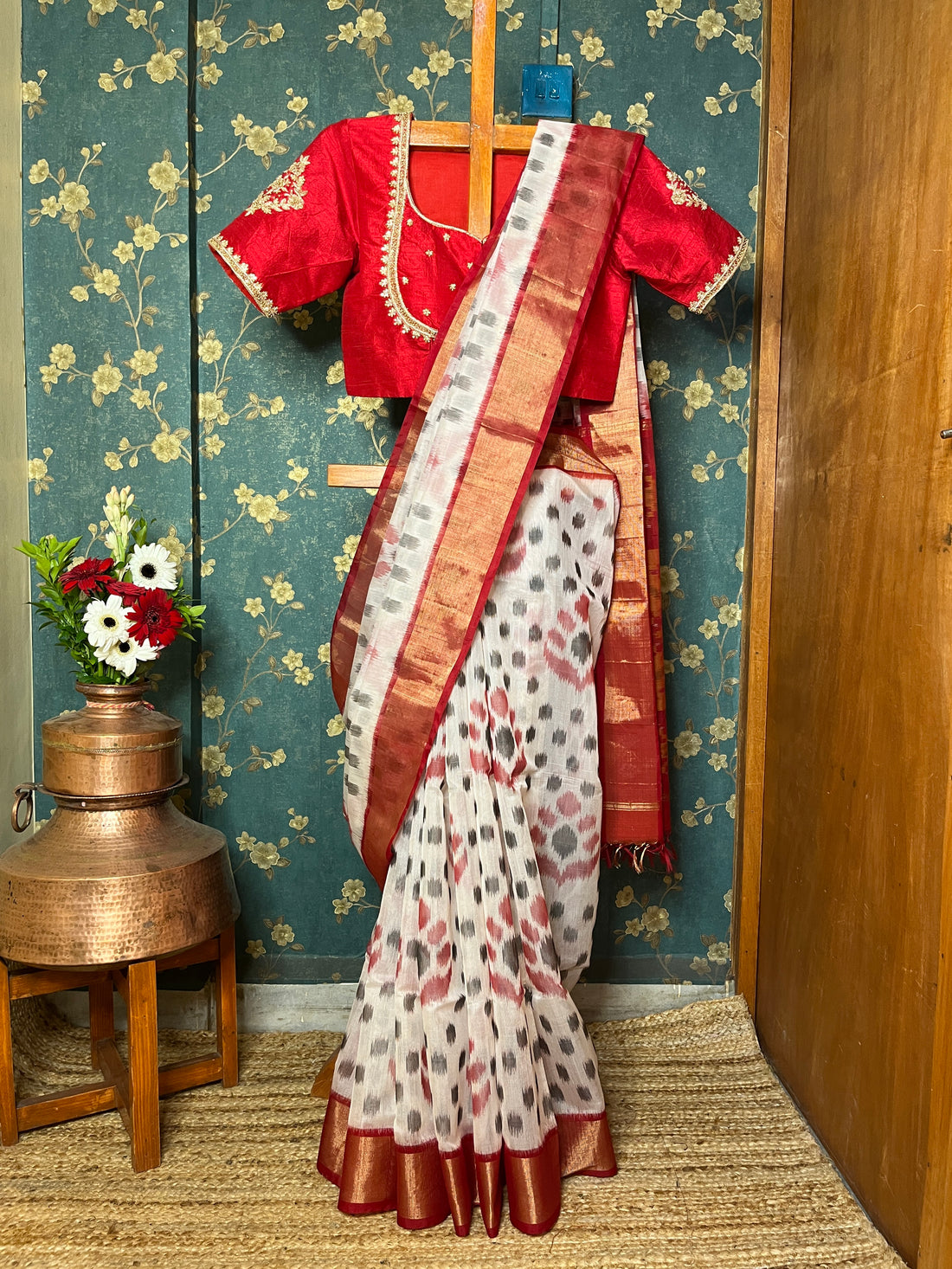 "Navrang Patola"- Handloom Cotton Silk Saree White Red