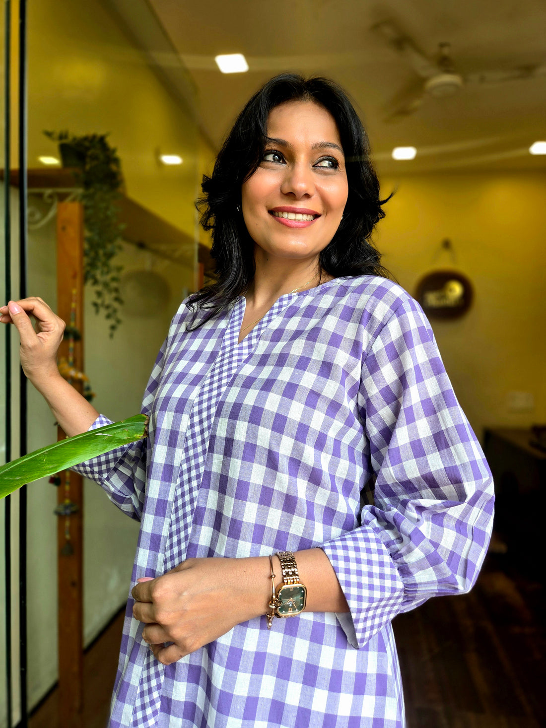 Checkmate Handloom Cotton A Line Top - Purple
