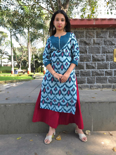 Double Ikkat Kurti-Teal Blue