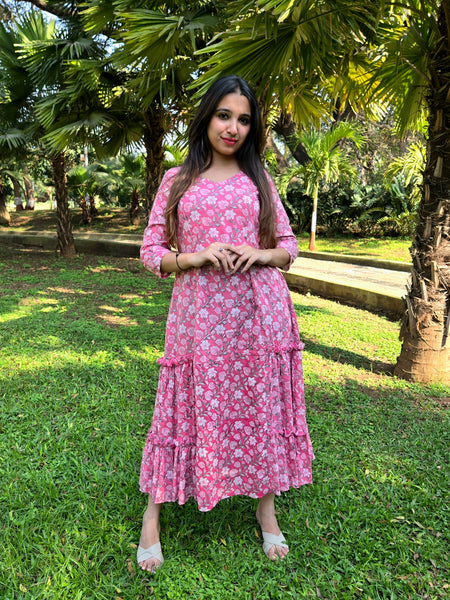 Block Printed Flared Dress-Pink