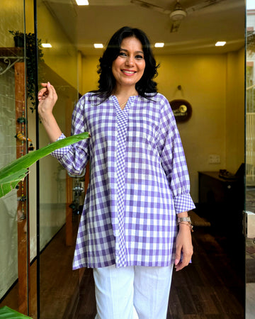 Checkmate Handloom Cotton A Line Top - Purple
