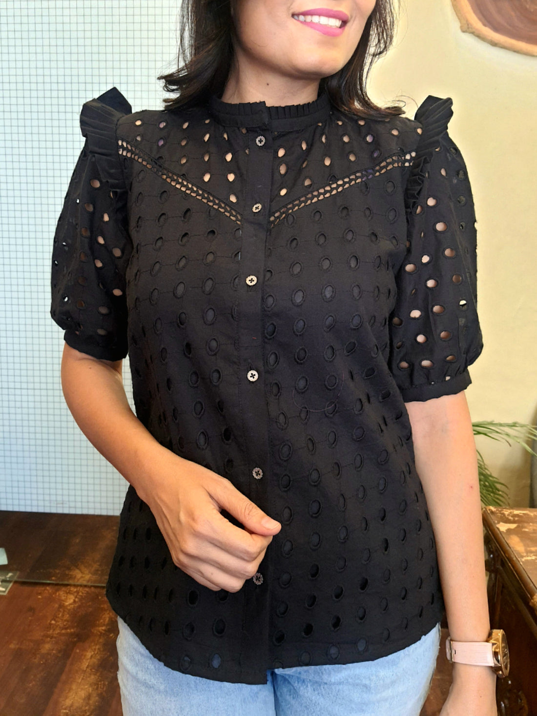 Schiffli Embroidered Shirt Black