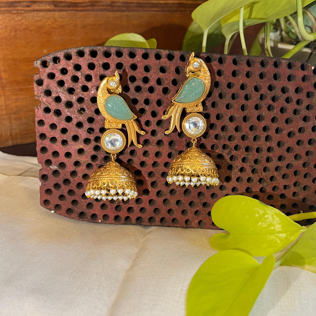 Bird Motif Golden Jhumka - Mint Green