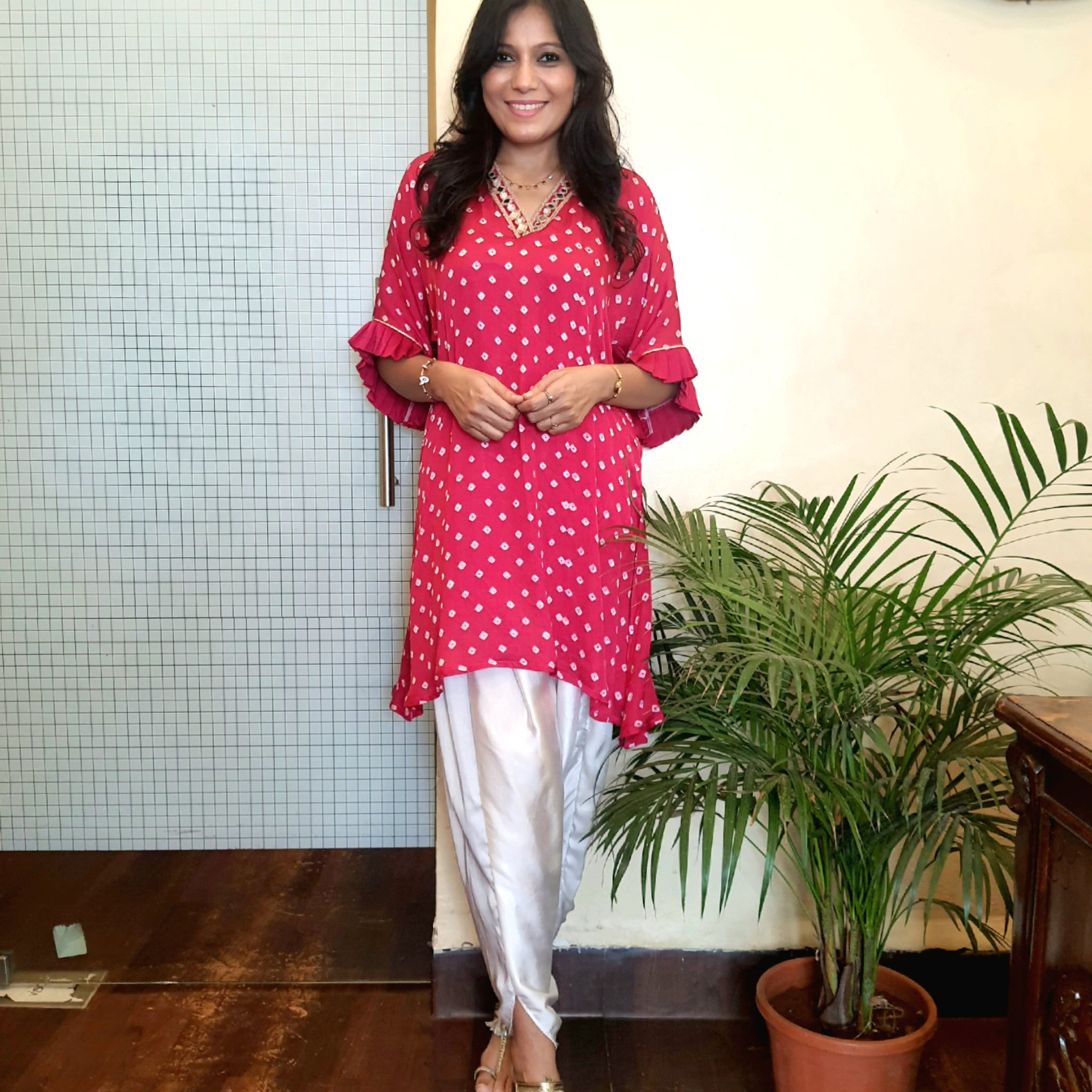 Rangrez- Modal Silk Bandhani Kurti Pink