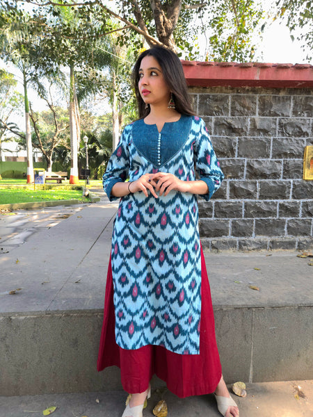 Double Ikkat Kurti-Teal Blue