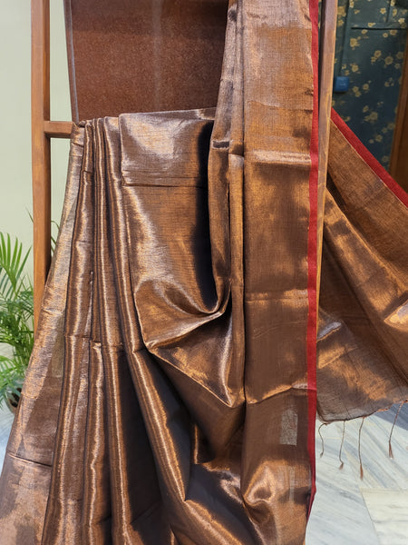 Mul Tissue Saree-Bronze red