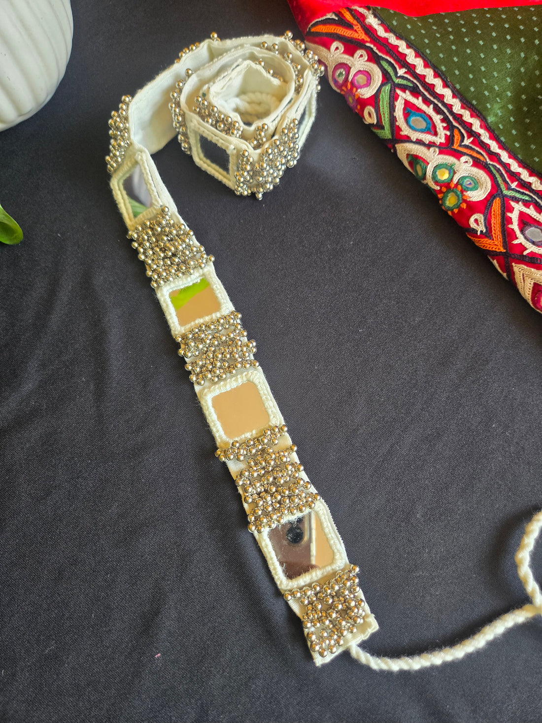 Kutchi Mirror Work Waist Belt - White