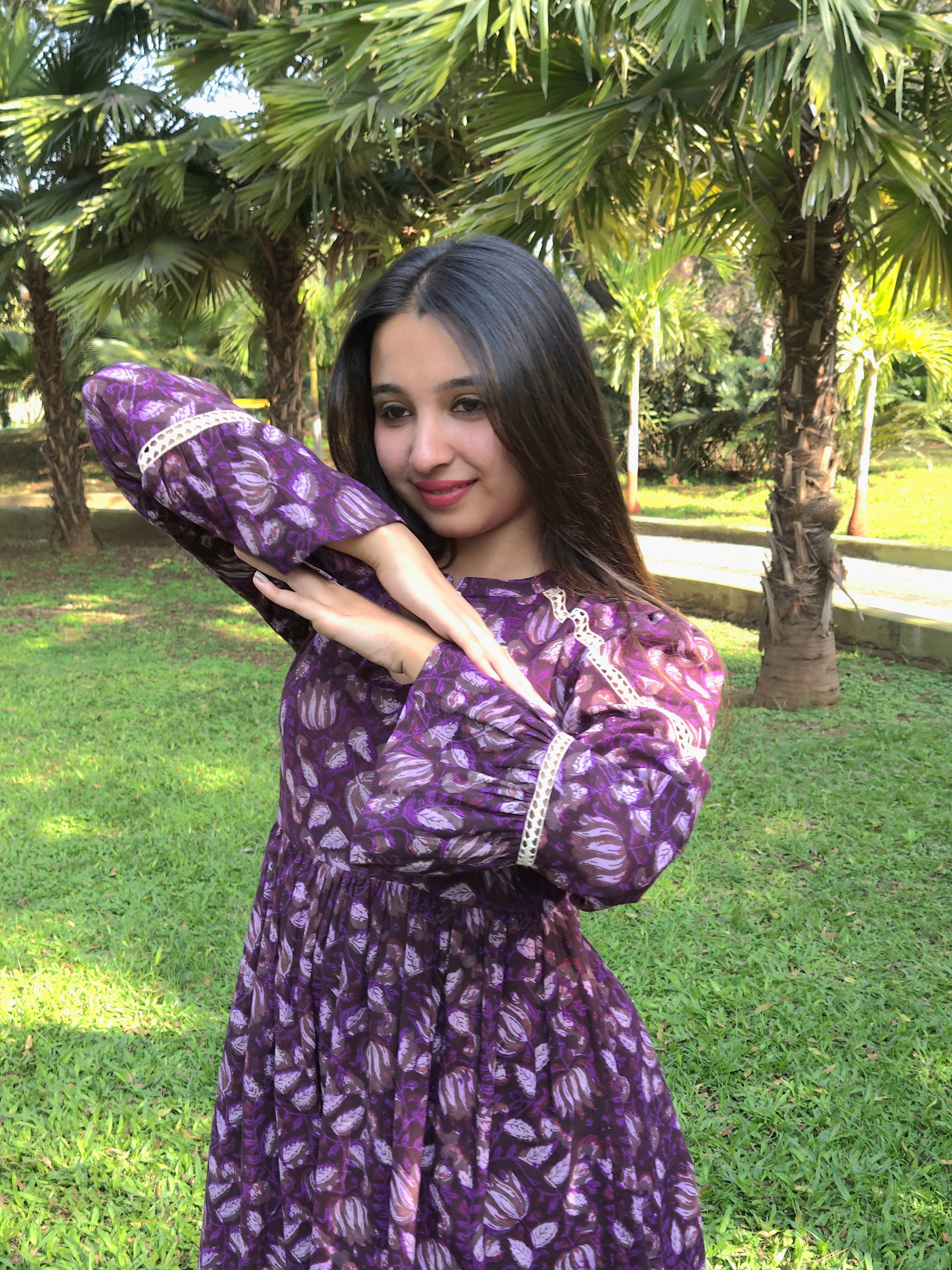 purple block print dress La Plage women's blue/purple blockprint midi ruffled neckline dress sz small