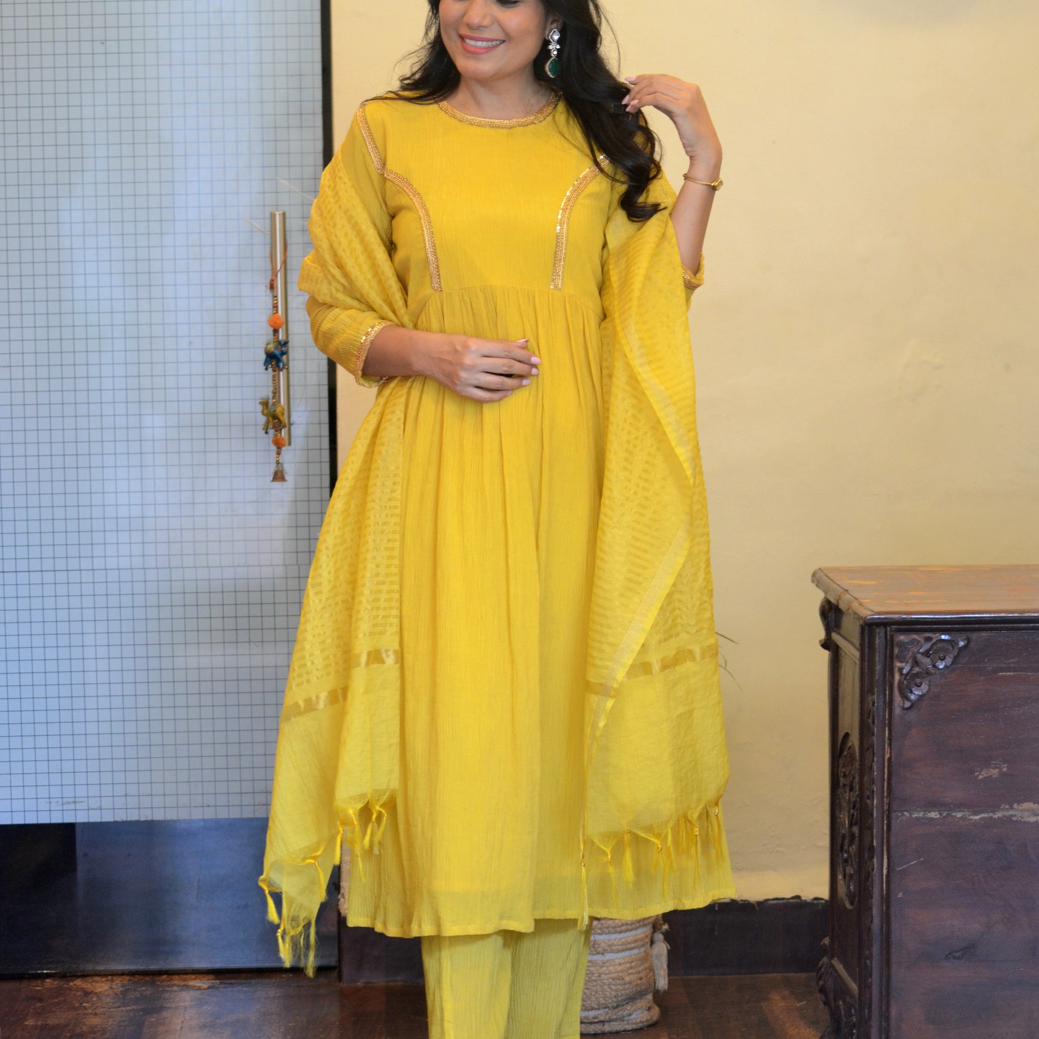 Utsav - Crushed Cotton Silk Set Yellow