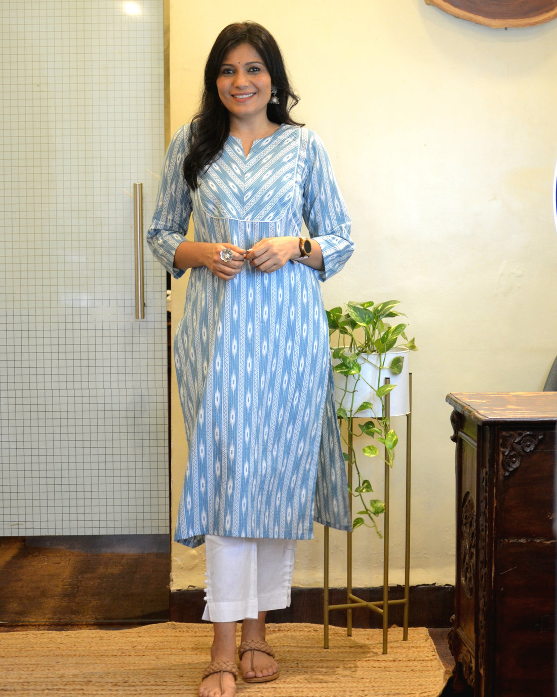 Cotton Printed Kantha Cotton Kurti - Sky Blue