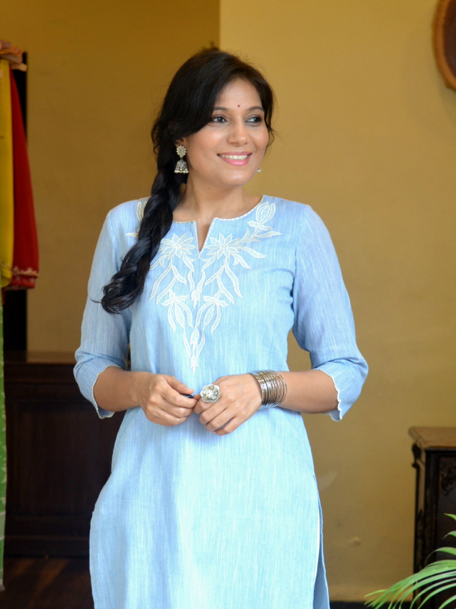 'Dastkari' Cotton Embroidered Kurti Sky Blue