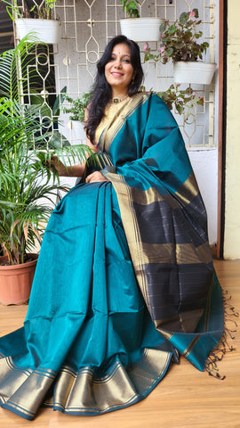 "Gauri" Maheshwari Silk Handloom Saree- Peacock Blue