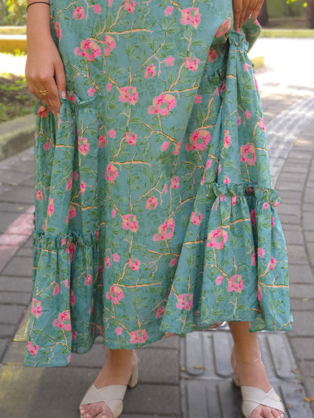 Block Printed Flared Dress-Green