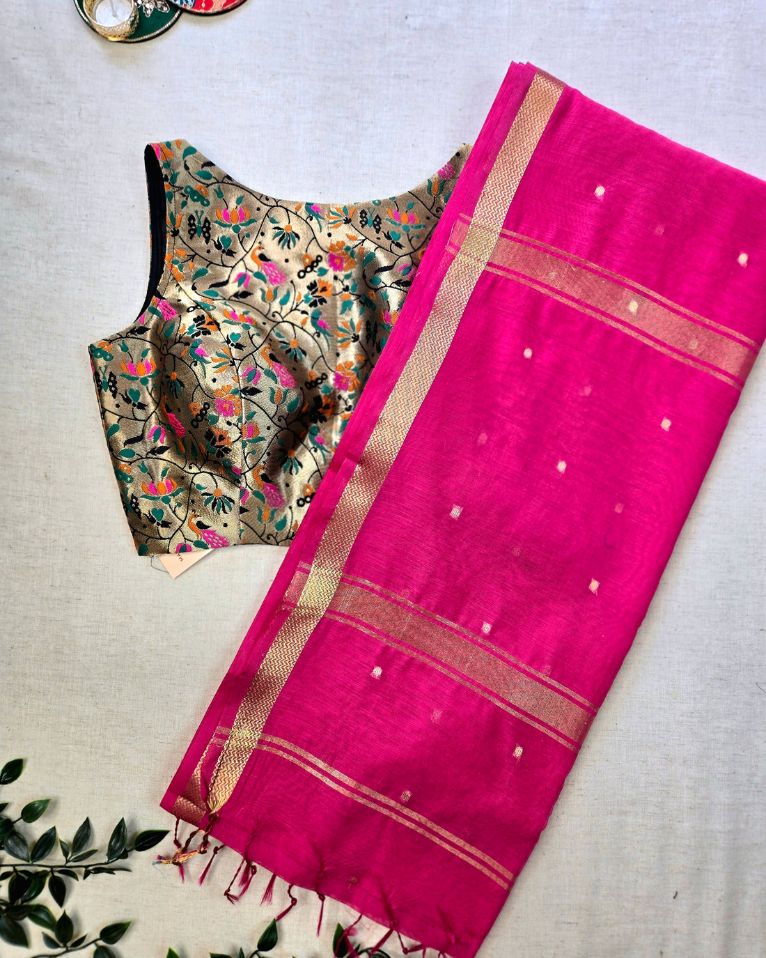 Sada  Bahar Cotton Silk Saree - Rani Pink