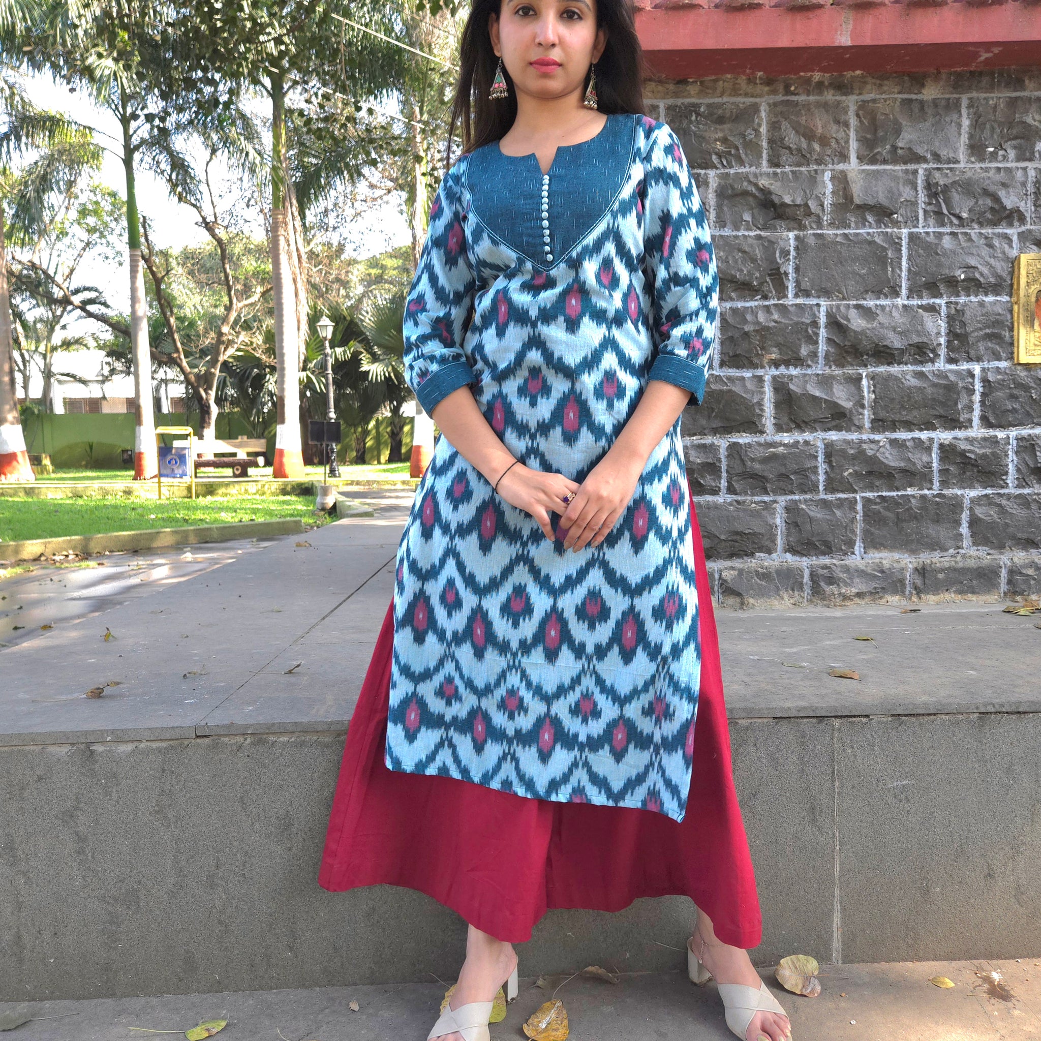 Double Ikkat Kurti-Teal Blue