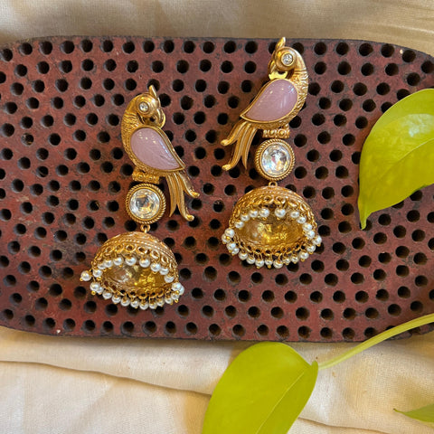 Bird Motif Golden Jhumka - Blush Pink