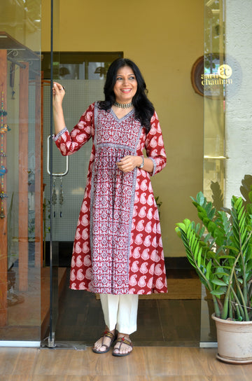 Bagh-e-Noor Kali Kurta - Ocher Red