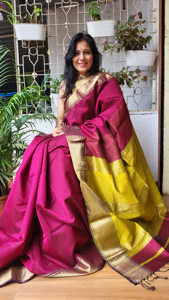 "Gauri" Maheshwari Silk Handloom Saree-Magenta