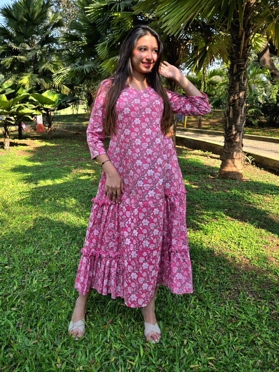 Block Printed Flared Dress-Pink