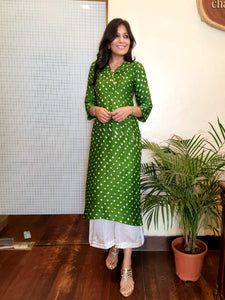 Rangrez- Modal Silk Bandhani Kurti Green