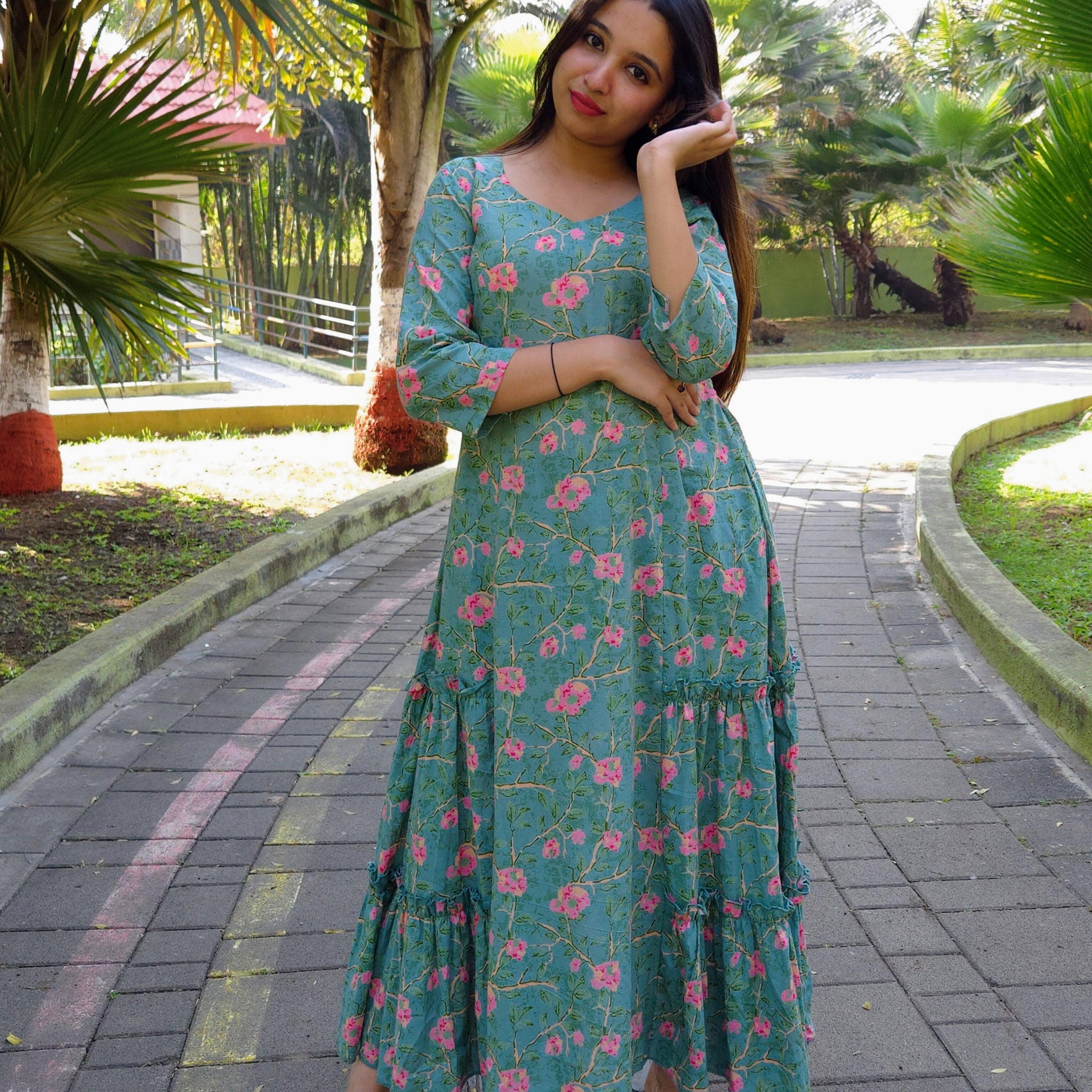 Block Printed Flared Dress-Green