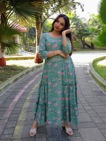 Block Printed Flared Dress-Green