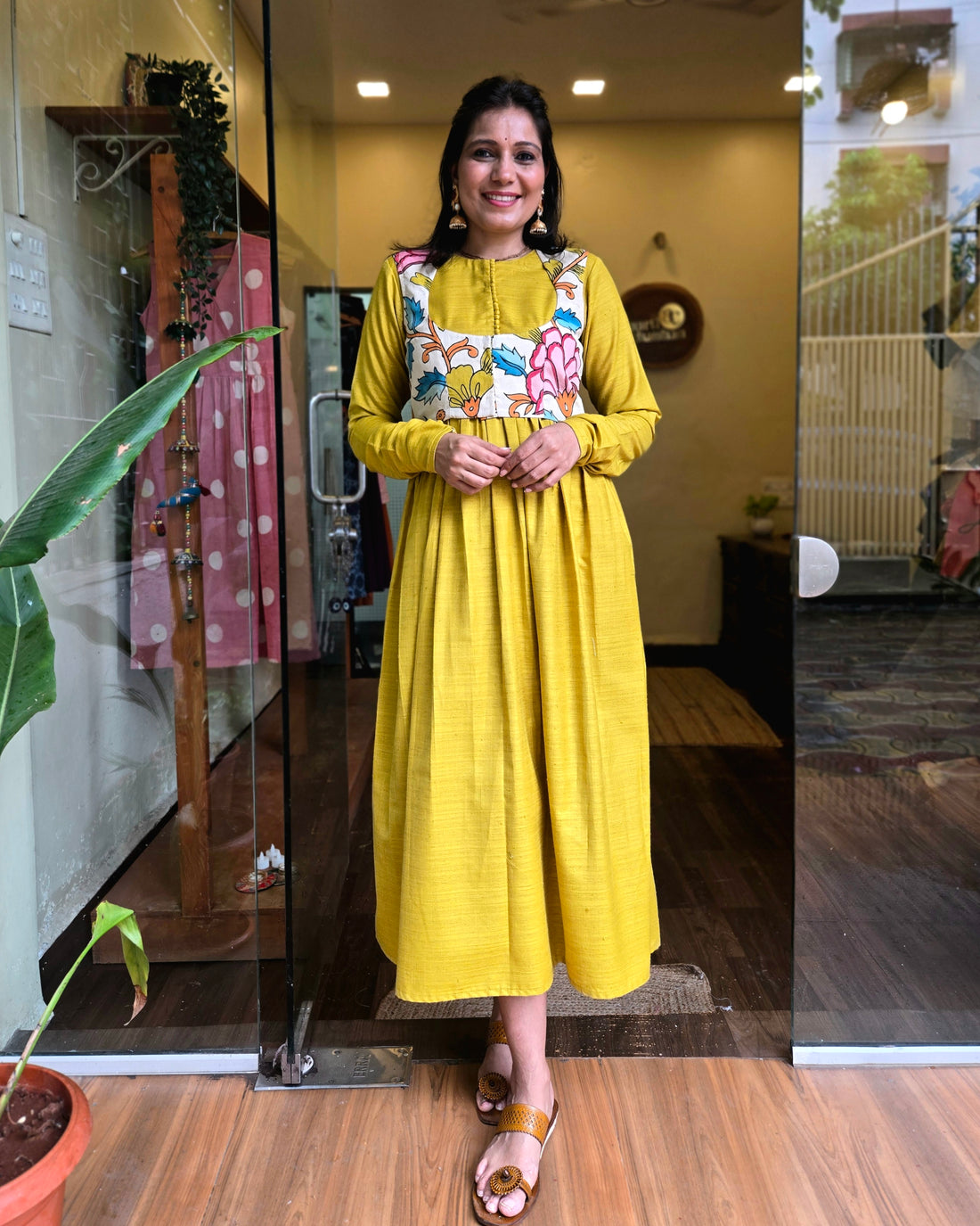 Chitralekha-Handpainted Kalamkari Koti & Dress Set Yellow