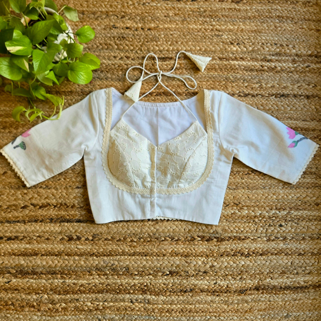 Kamalkari-Woven Jamdani Blouse with Neck Tie