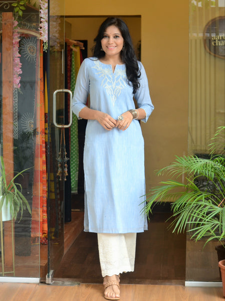 'Dastkari' Cotton Embroidered Kurti Sky Blue