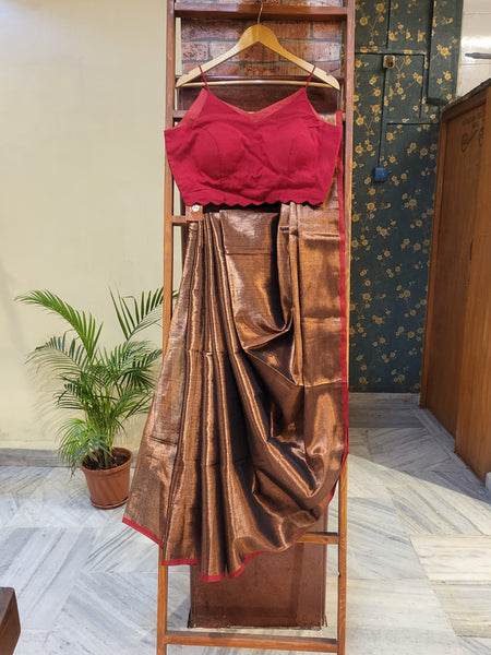 Mul Tissue Saree-Bronze red