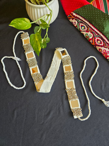 Kutchi Mirror Work Waist Belt - White