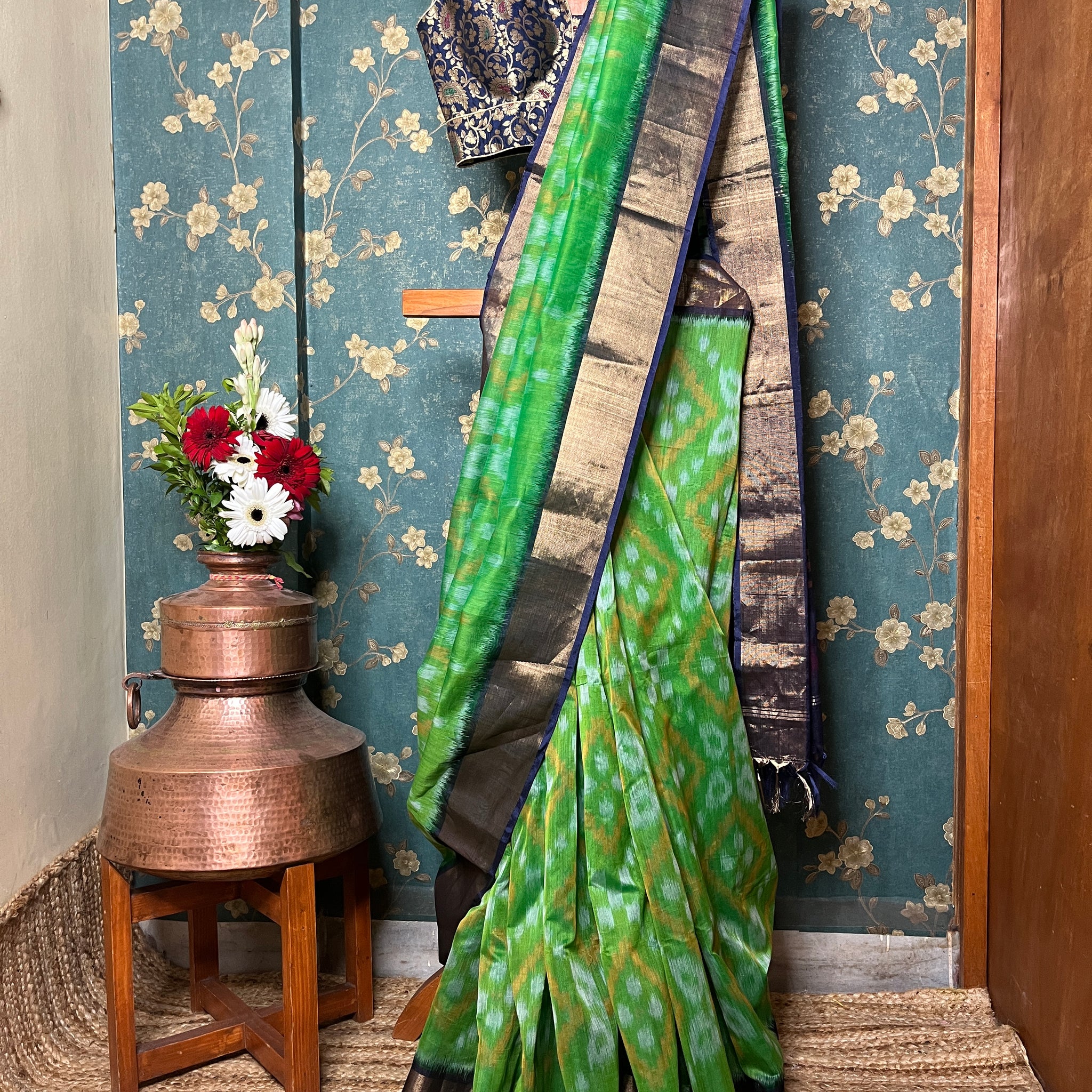 "Navrang Patola"- Handloom Cotton Silk Saree Green Blue