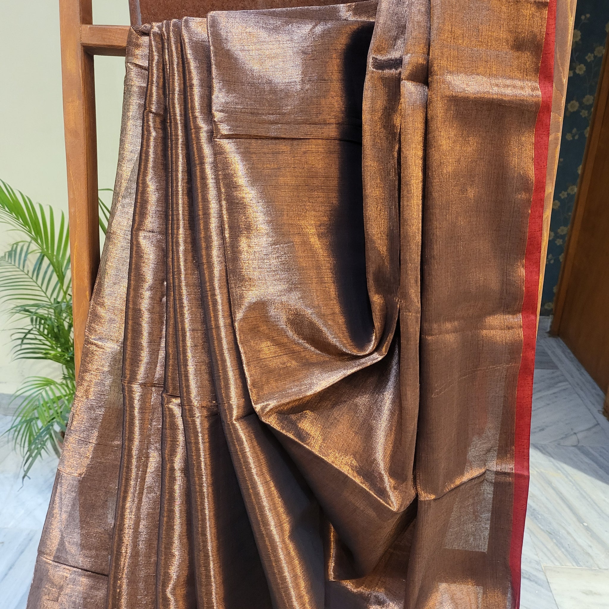 Mul Tissue Saree-Bronze red