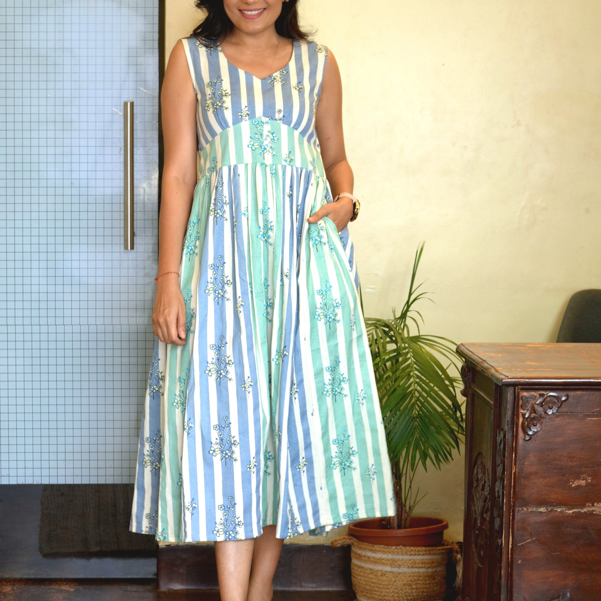 Cotton Stripped Summer Statement Dress- Dual Color