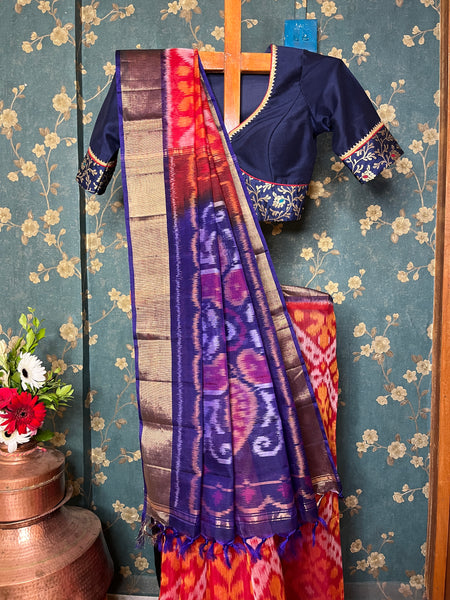 "Navrang Patola"- Handloom Cotton Silk Saree Red Blue