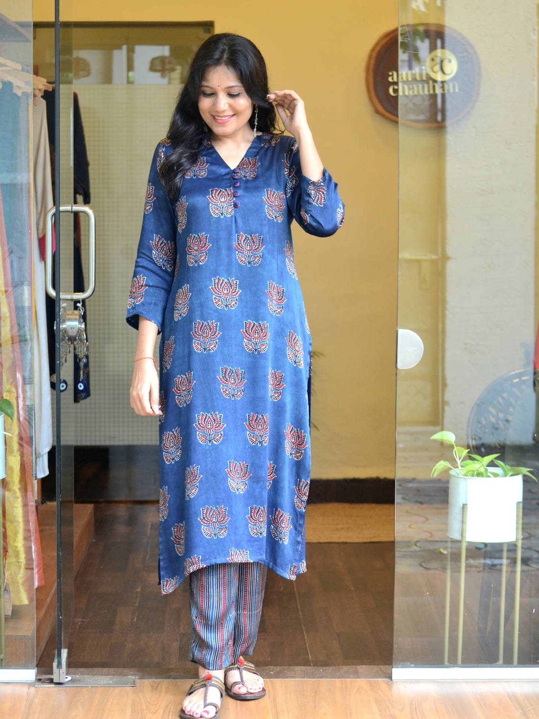 Meher-Modal Silk Lotus Kurti Indigo