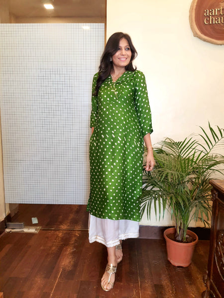 Rangrez- Modal Silk Bandhani Kurti Green