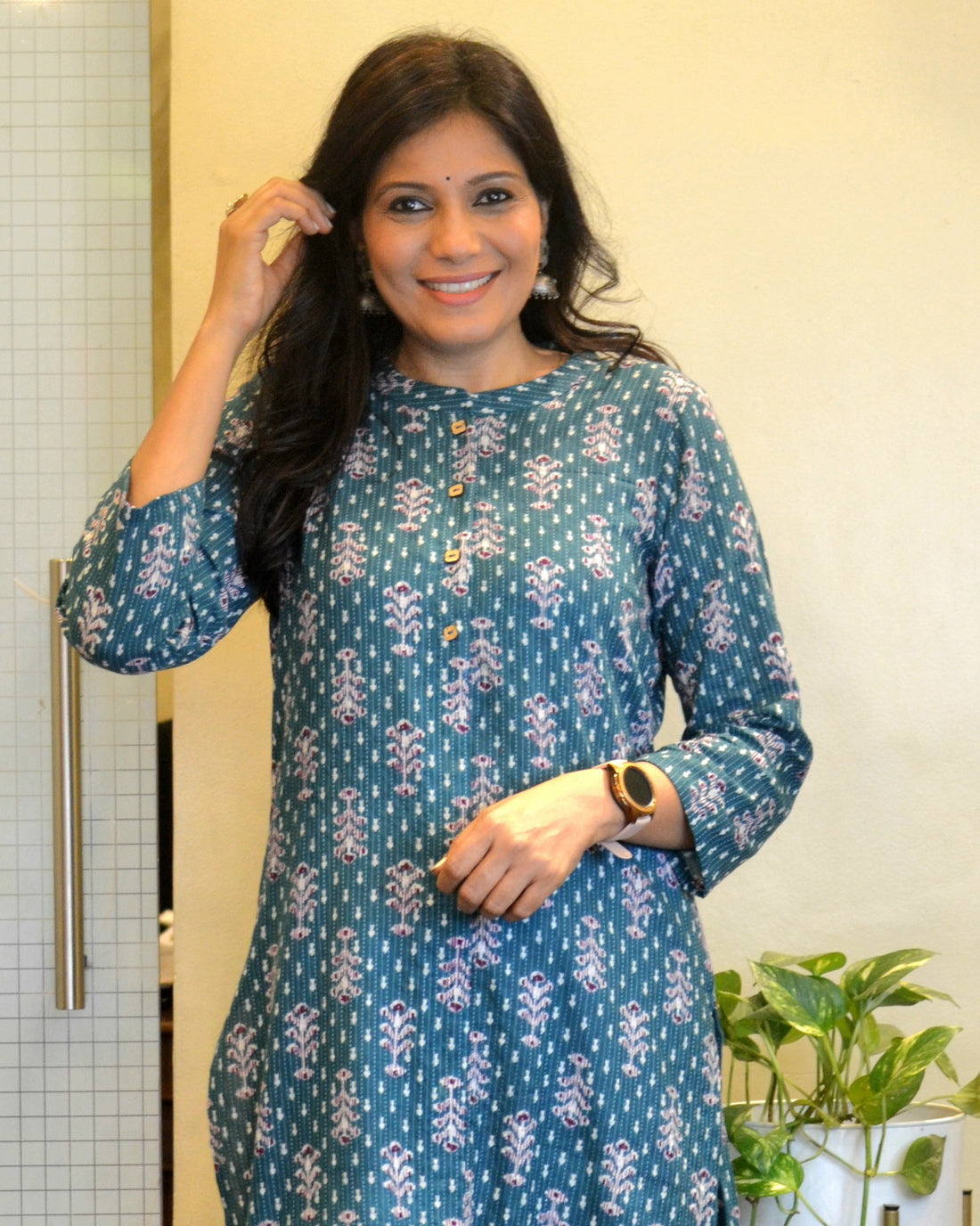 Cotton Printed Kantha Cotton Kurti - Teal