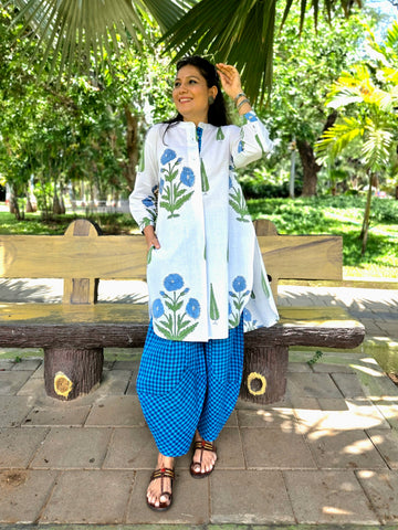 Mughal Butta Cotton Block Printed Tunic Top - Blue