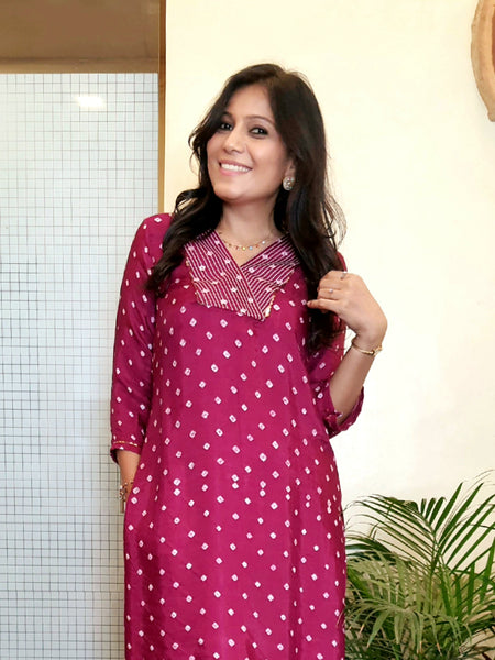 Rangrez- Modal Silk Bandhani Kurti Wine