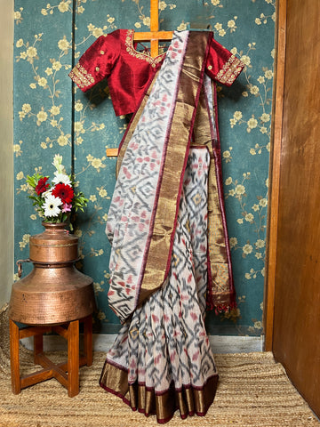 "Navrang Patola"- Handloom Cotton Silk Saree White Maroon