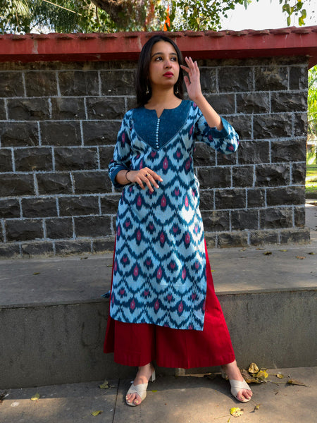 Double Ikkat Kurti-Teal Blue