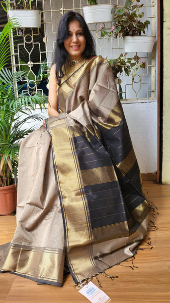 "Gauri" Maheshwari Silk Handloom Saree-Beige