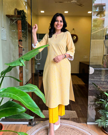 Checkmate Handloom Cotton Kurti - Yellow