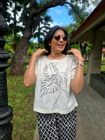 Hand Embroidered Cotton Crop Top - Off White