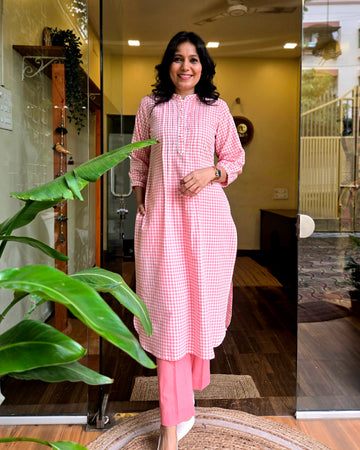 Checkmate Handloom Cotton Kurti - Peach